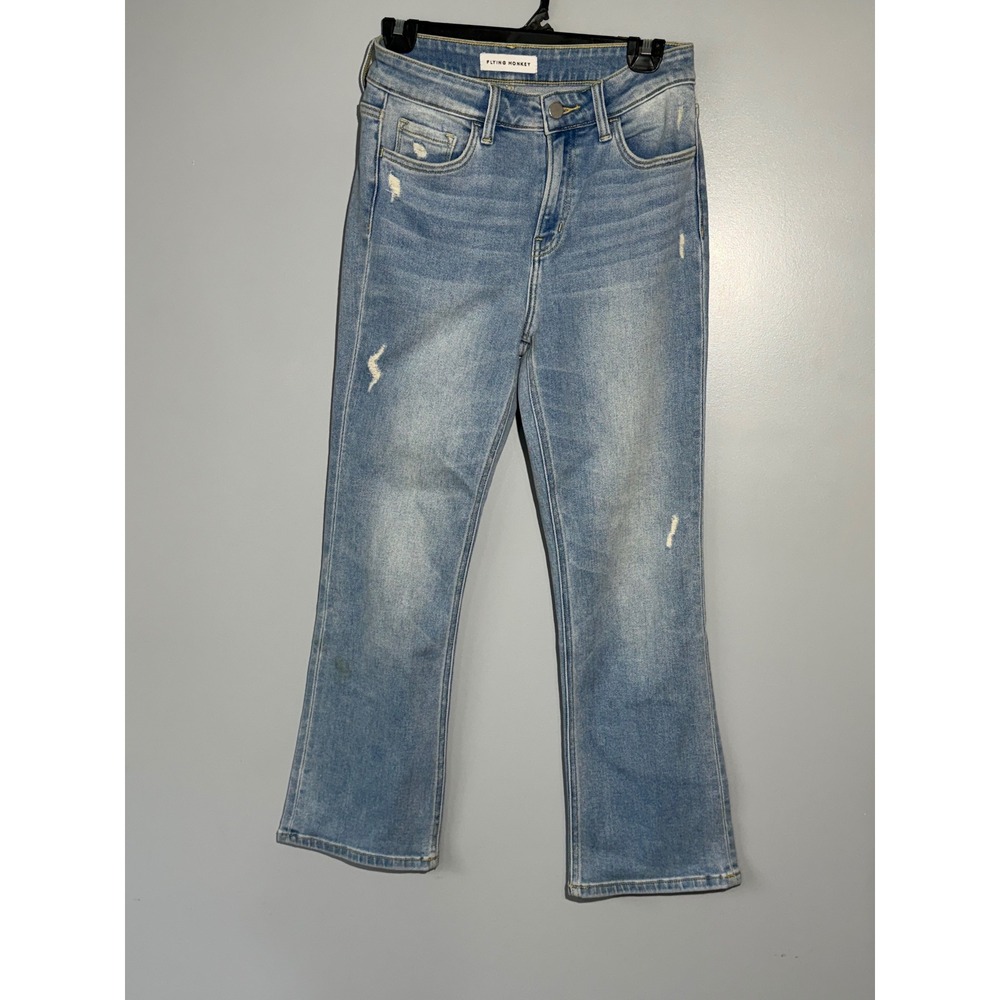 Flying Monkey Women Light Wash Distressed Kick Flare High Rise Denim Jeans